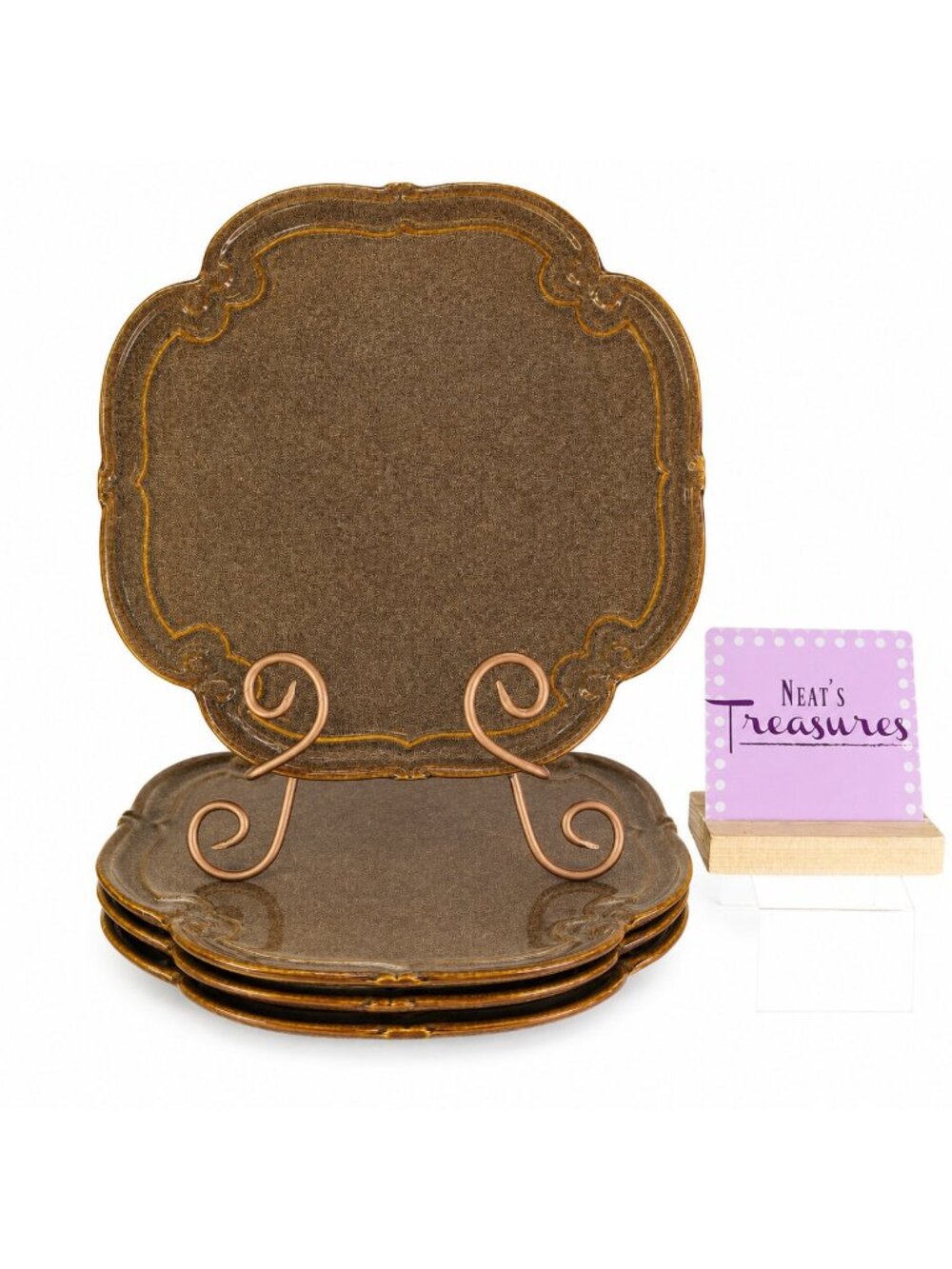 Bombay BMA16 French Farmhouse Brown Sponged Scrolls Ceramic Dinner Plates Set 4